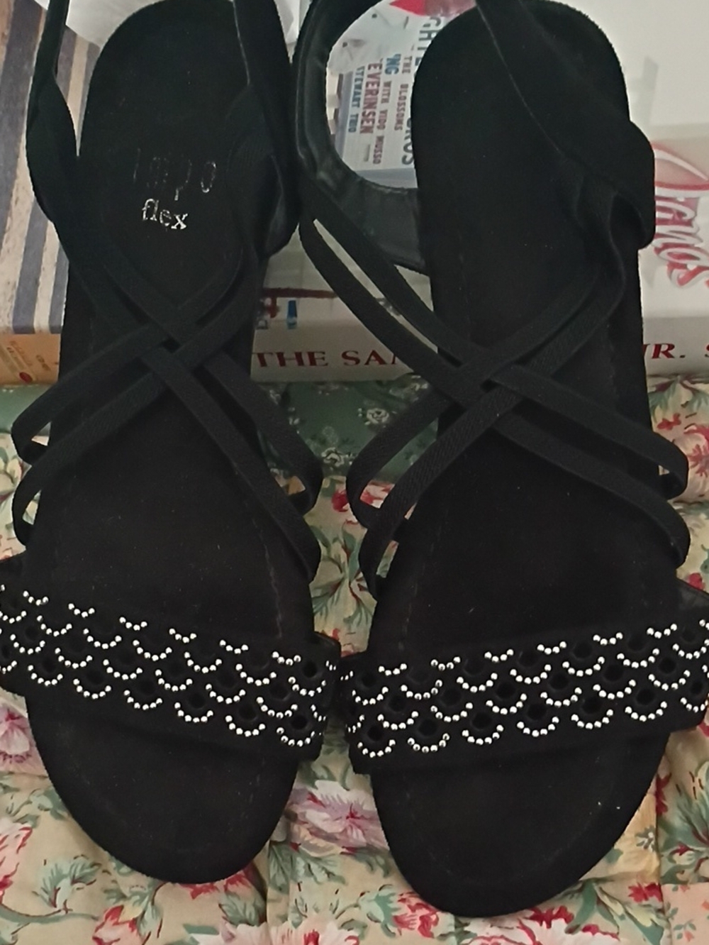Women’s Black Strappy Sandals with Crystal Accent